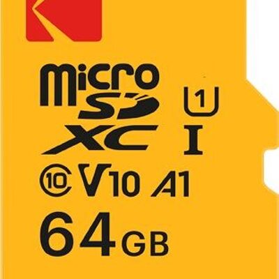 Kodak - Scheda Micro SD UHS-I U1 V10 A1 microSDHC/XC da 64 GB - Scheda di memoria Micro SD - Velocità di lettura massima 85 MB/s - Velocità di scrittura massima 25 MB/s - Spazio di archiviazione aggiuntivo per smartphone/tablet