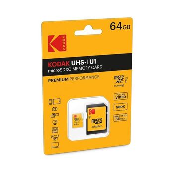 Kodak - Carte Micro SD 64 Go UHS-I U1 V10 A1 microSDHC/XC - Carte Mémoire Micro SD - Vitesse de Lecture 85MB/s Max - Vitesse d'Écriture 25MB/s Max - Stockage Supplémentaire pour Smartphone/Tablette 3