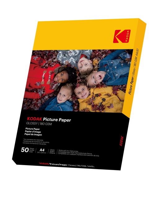 KODAK - 50 feuilles de papier photo 180g/m², brillant, Format A4 (21x29,7cm), Impression Jet d'encre - 9891264 Blanc