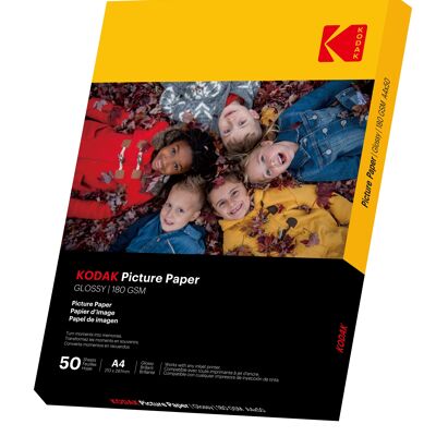KODAK - 50 feuilles de papier photo 180g/m², brillant, Format A4 (21x29,7cm), Impression Jet d'encre - 9891264 Blanc