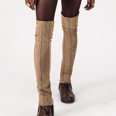 PIMP UP™ NUDE - Botas altas hasta el muslo convertibles de ante sintético color topo