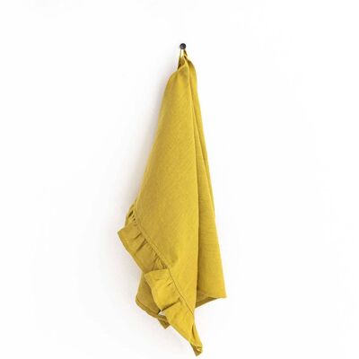 Ruffle trim tea towel in Moss Yellow