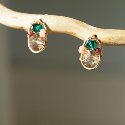 Champagne, Green Stud Earrings, 14 Gold-filled, Wirewrapped with a Touch of Pink Opal and Rhodolite Garnet, Gift for Girl