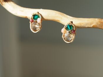 Boucles d'oreilles Champagne, Green Stud, 14 Gold-filled, Wirewrapped avec une touche d'opale rose et de grenat rhodolite, cadeau pour fille 1