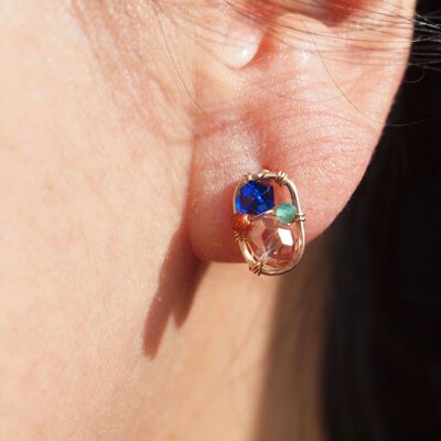 Champagne, Green Stud Earrings, 14 Roe Gold-filled, Wirewrapped with a Touch of Klein Blue and Salmon Crystals Gift for Girl