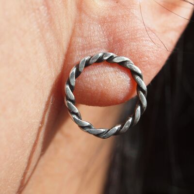 Rope Hoop Earrings, Twist Hoops Earrings, Sterling Silver Circular Front Face Stud, Open Circle Jewelry