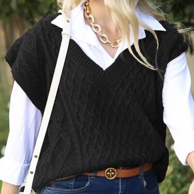 Oversized Cable Knit Sweater Vest Ribbed V Neck-Black
