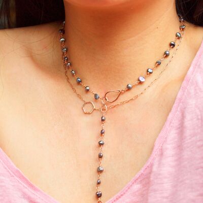 14K rose gold filled dark silver bead wire wrap chain, mauve bead with infinity symbol, all handmade, jewelry gift for her