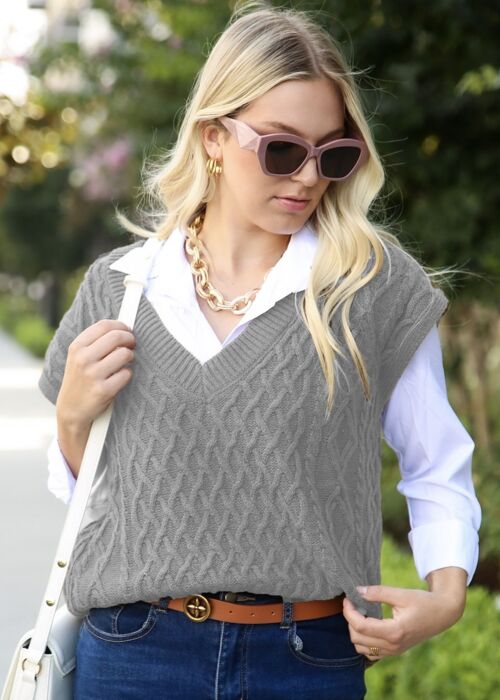 Oversized Cable Knit Sweater Vest Ribbed V Neck-Gray