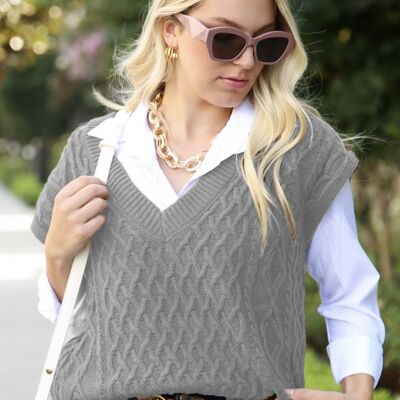 Oversized Cable Knit Sweater Vest Ribbed V Neck-Gray