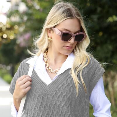 Übergroßer Pullover mit Zopfmuster und geripptem V-Ausschnitt – Grau
