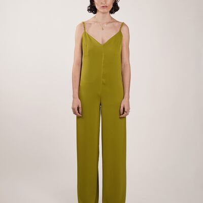 Jama Damen-Pyjama-Overall aus grünem Satin