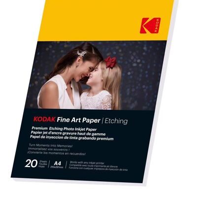 Papel/Grabado Fine Art KODAK - Paquete de 20 hojas de papel fotográfico texturizado de alta gama - Formato 21 x 29,7 cm (A4) - Acabado efecto grabado mate - 210 gsm - Compatible con cualquier impresora de inyección de tinta
