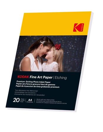 KODAK Fine Art Paper/Etching - Pack de 20 feuilles de papier photo haut de gamme texturé - Format 21 x 29.7 cm (A4) - Finition mate effet gravure - 210 gsm - Compatible toute imprimante jet d'encre 1