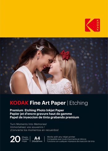 KODAK Fine Art Paper/Etching - Pack de 20 feuilles de papier photo haut de gamme texturé - Format 21 x 29.7 cm (A4) - Finition mate effet gravure - 210 gsm - Compatible toute imprimante jet d'encre 2