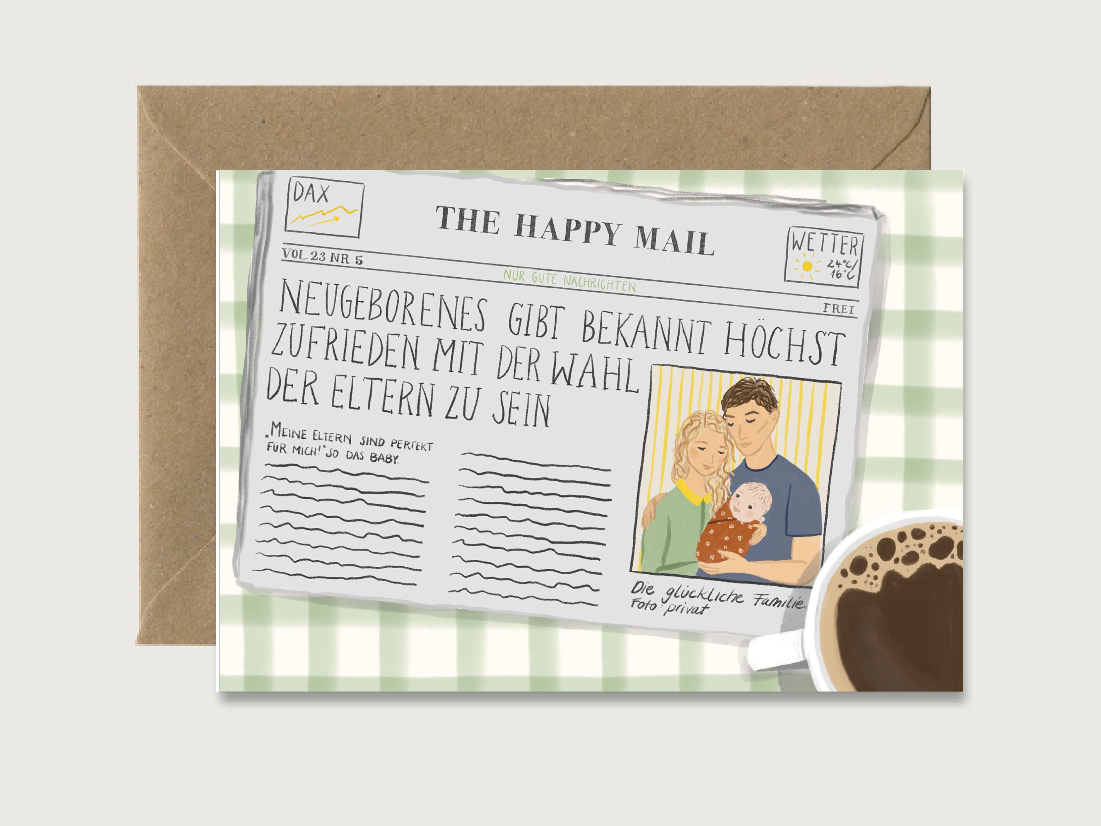 Karte zur Geburt "News" - Klappkarte | Aquarell | Illustration | lustig | Zeitung | Baby | Neutral || Muttertag Grußkarte Klappkarte Karte HERZ & PAPIER