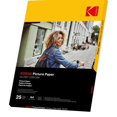 KODAK 9891266 - 25 hojas de papel fotográfico 230g/m², brillante, formato A4 (21x29,7cm), Impresión Inkjet