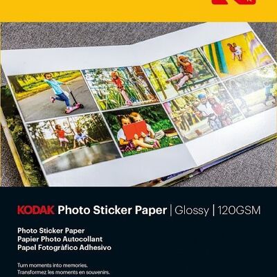 KODAK Photo Sticker Paper – Packung mit 10 Blatt selbstklebendem Fotopapier – Format 21 x 29,7 cm (A4) – Glänzende Oberfläche – 120 g/m² – Kompatibel mit Tintenstrahldruckern – Weiß