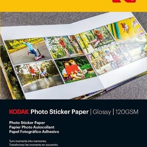 KODAK Photo Sticker Paper - Pack de 10 feuilles de papier photo autocollant - Format 21 x 29.7 cm (A4) - Finition brillante - 120 gsm - Compatible avec imprimantes jet d'encre - Blanc