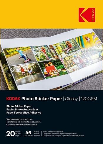 KODAK Photo Sticker Paper - Pack de 10 feuilles de papier photo autocollant - Format 21 x 29.7 cm (A4) - Finition brillante - 120 gsm - Compatible avec imprimantes jet d'encre - Blanc 1