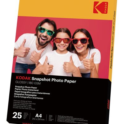 KODAK Instant Photo Papers – Packung mit 25 Blatt Fotopapier – Format 21 x 29,7 cm (A4) – glänzende Oberfläche – 180 g/m² – kompatibel mit Tintenstrahldruckern