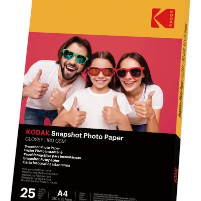 KODAK Papiers Photo Instantanés - Pack de 25 feuilles de papier photo - Format 21 x 29.7 cm (A4) - Finition brillante - 180 gsm - Compatible avec imprimantes jet d'encre