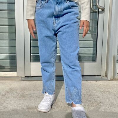 Jeans niña rectos, holgados, de talle alto y ajustables con bordados