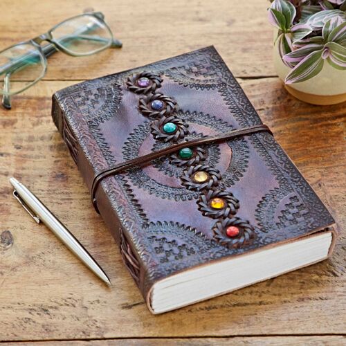 Indra Chakra Embossed & Stitched Leather Journal with Semi-Precious Stones