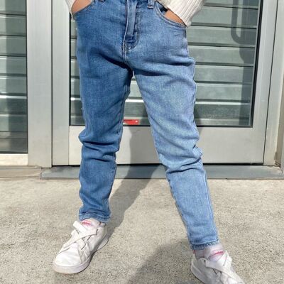 Jeans slim bicolor con cintura alta y ajustable para niña