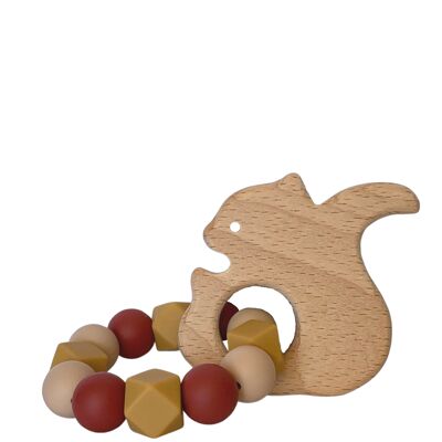 Wooden and silicone rattle for baby - squirrel