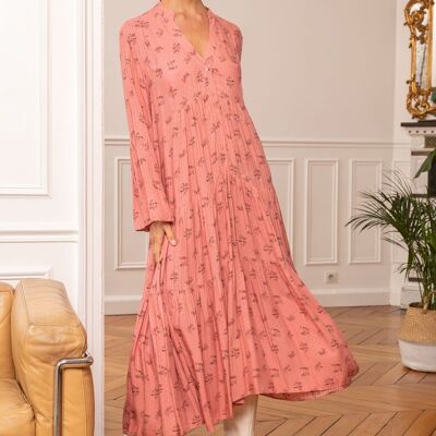 Bohemian print long dress buttoned in front and V-neck with flared sleeves