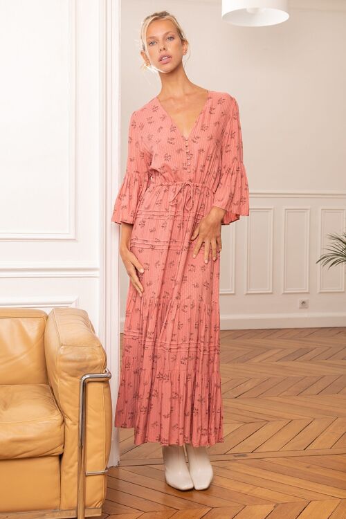 Robe longue à imprimé fleuri boutonnée devant et col V