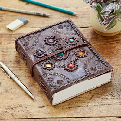 Indra Chakra Circle Embossed & Stitched Leather Journal with Semi-Precious Stones