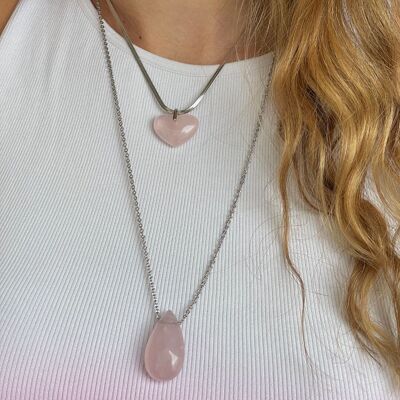 Francesca long necklace in natural stone - Rose Quartz