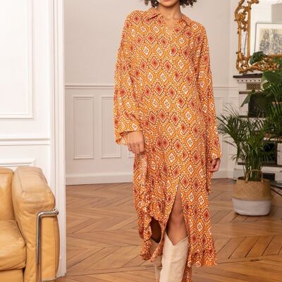 Tunika-Hemdkleid mit böhmischem Print und Rüschen und unsichtbaren Taschen