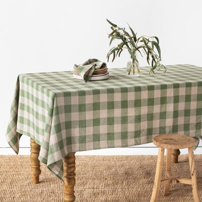Forest green gingham linen tablecloth
