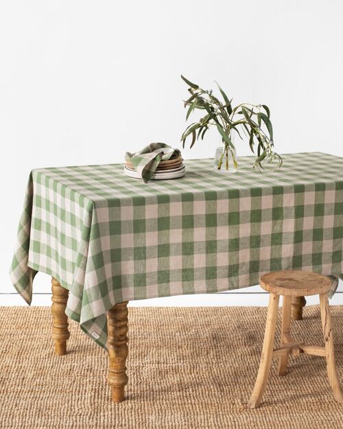 Forest green gingham linen tablecloth