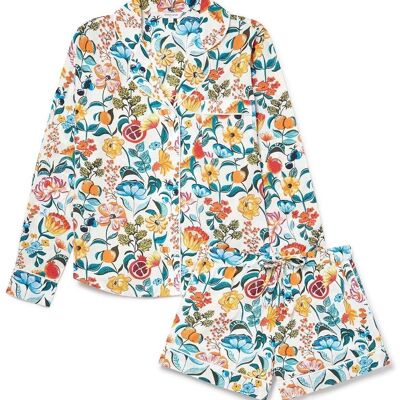 Ensemble pyjama court à manches longues en coton biologique pour femmes - Floral sur blanc