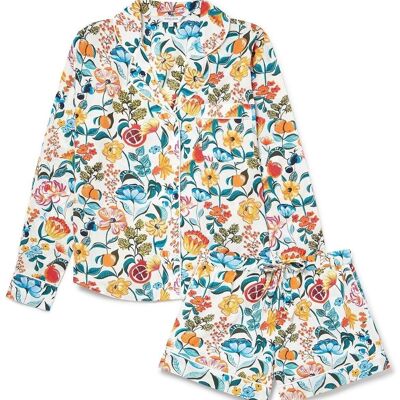 Conjunto corto de pijama de manga larga de algodón orgánico para mujer - Floral sobre blanco