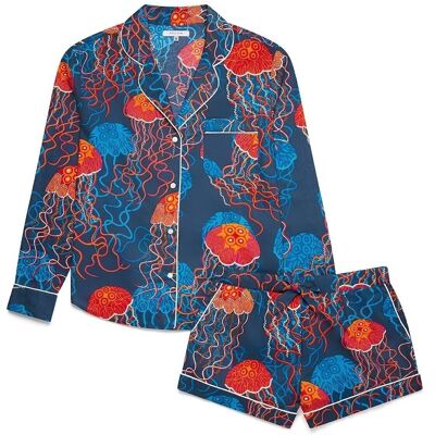 Langarm-Pyjama-Shorts-Set für Damen aus Baumwolle – Qualle auf Dunkelgrün