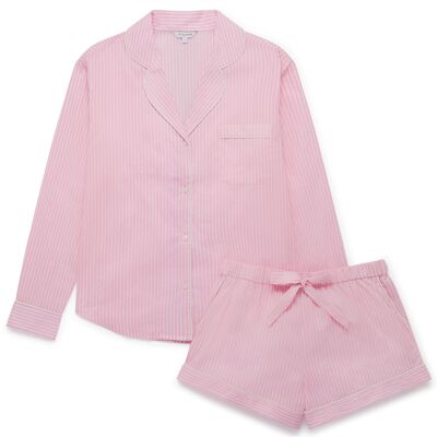 Langarm-Pyjama-Shorts-Set für Damen aus Bio-Baumwolle – rosa und weiß gestreift