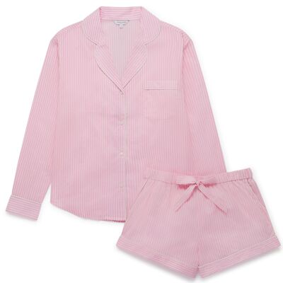 Conjunto corto de pijama de manga larga de algodón orgánico para mujer - Rayas rosas y blancas