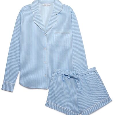 Conjunto corto de pijama de manga larga de algodón orgánico para mujer - Rayas azules y blancas