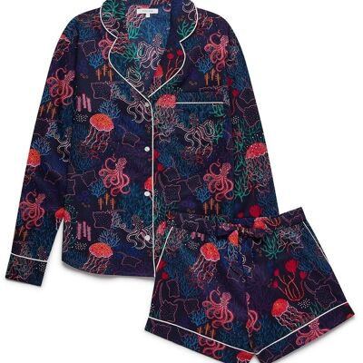 Langarm-Pyjama-Shorts-Set für Damen aus Bio-Baumwolle – Dark Sea