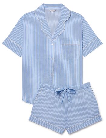 Ensemble pyjama court femme en coton biologique rayé bleu et blanc 1