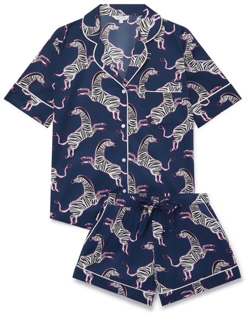 Women's Organic Cotton Pyjama Short Set - Pink Zebra on Navy