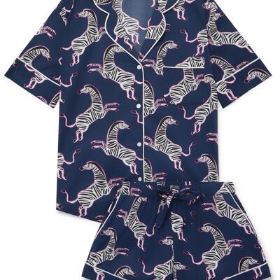 Ensemble pyjama court femme en coton bio Zèbre rose sur bleu marine