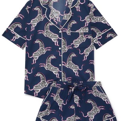Conjunto corto de pijama de algodón orgánico para mujer - Cebra rosa sobre azul marino