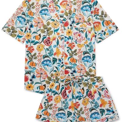 Conjunto corto de pijama de algodón orgánico para mujer - Floral sobre blanco