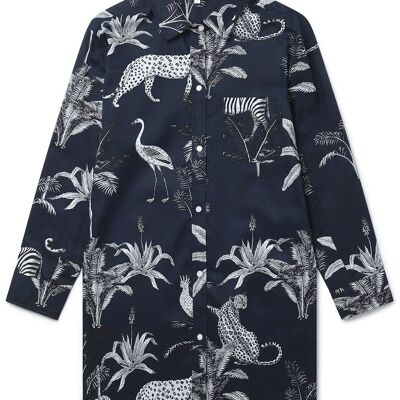 Camicia da notte da donna in cotone biologico - Navy Botanical Jungle